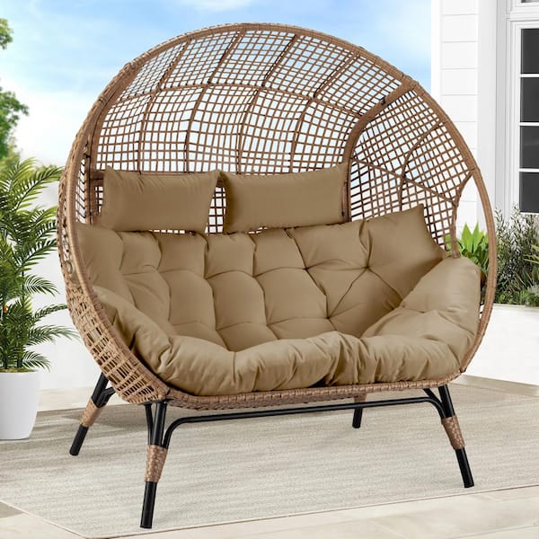 FINCATI 2-Person Brown Double PE Wicker Outdoor Lounge Egg Chair with Brown Cushion