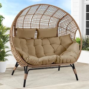 2-Person Brown Double PE Wicker Outdoor Lounge Egg Chair with Brown Cushion