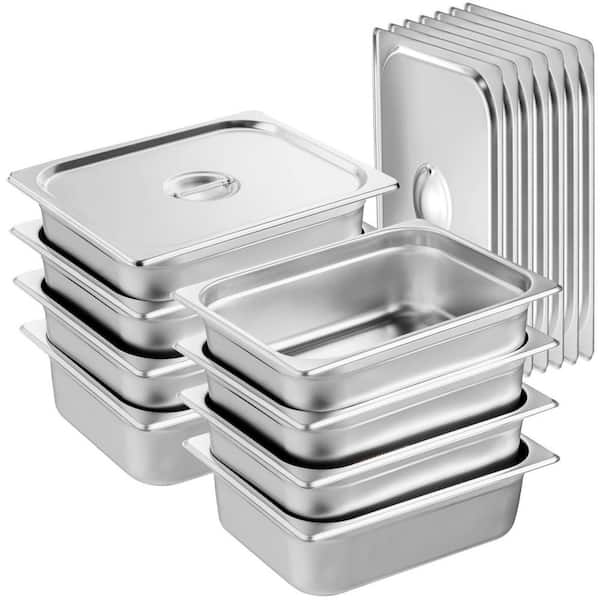 SKYSHALO 8-Pack Hotel Pans, 6.6 qt. Anti-Jam Steam Pan with Lid, 4 in. Deep 0.8 mm Thick Stainless Steel Steam Table Roasting Pan