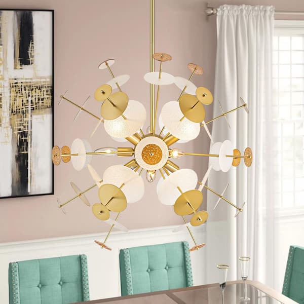 RRTYO Vivaan 9-Light Modern Gold Linear Sputnik Starburst Textured Glass Chandelier for Dining Room and Living Room