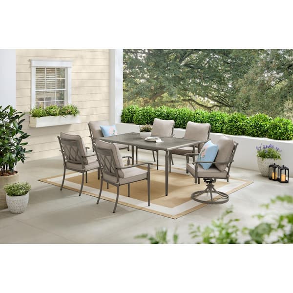 Preston Pointe Dark Cement Gray 7-Piece Metal Outdoor Dining Set with CushionGuard Putty Cushions