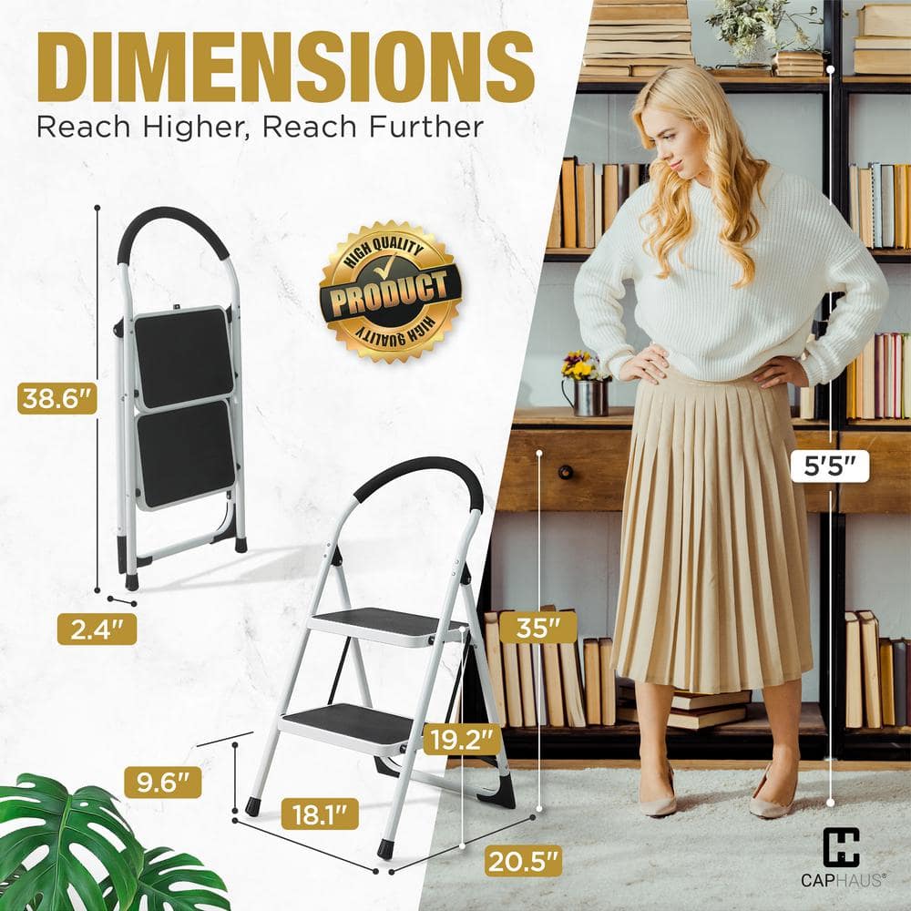 White 2-Step Folding Ladder with Anti-Slip Pedals