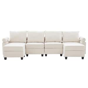 114 in. W Straight Arm Linen Mid-Century Modern L-Shaped Straight Reclining Sofa in Beige for 6-Seat