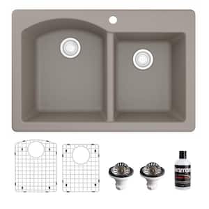 QT-610 Quartz/Granite 33 in. Double Bowl 60/40 Top Mount Drop-In Kitchen Sink in Concrete with Bottom Grid and Strainer