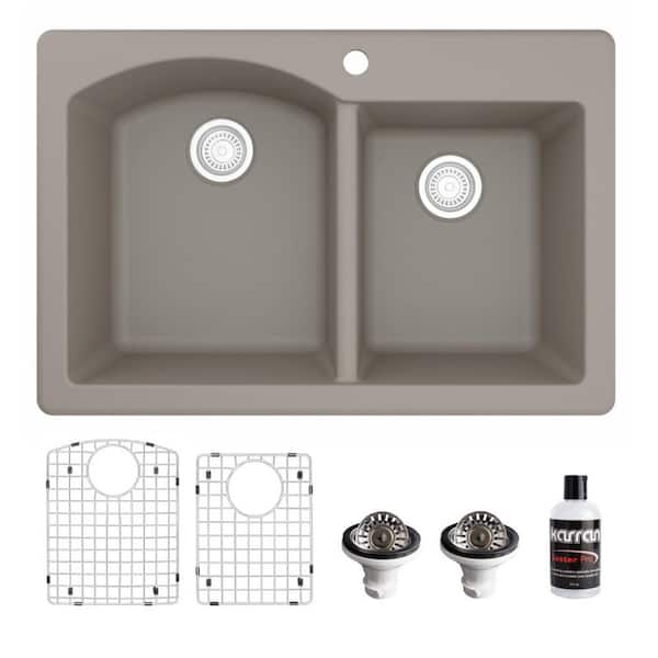Karran QT-610 Quartz/Granite 33 in. Double Bowl 60/40 Top Mount Drop-In Kitchen Sink in Concrete with Bottom Grid and Strainer