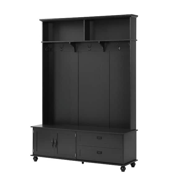 Modern Style Hall Tree with Storage Cabinet and 2-Large Drawers, Widen Mudroom Bench with 5-Coat Hooks, Black