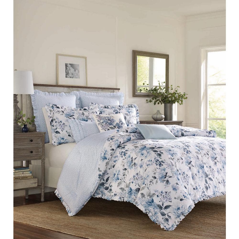 Chloe 16" Blue and White Embroidered Floral Throw Pillow