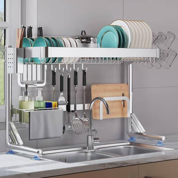 Silver Over The Sink Dish Drainer Drying Rack, 2-Tier Adjustable Large Over Sink Dish Drying Rack for Kitchen Counter