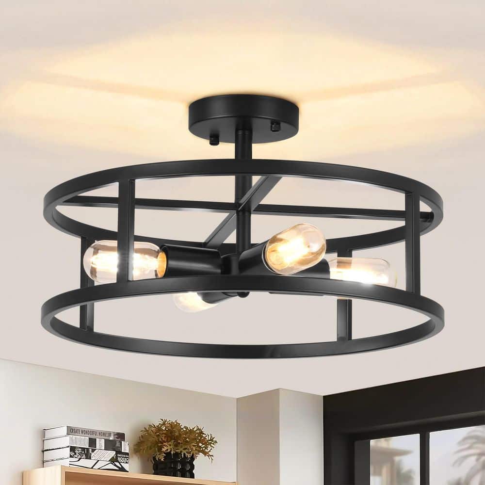 ZSMIHDOH 16.5 in. 4-Light Black Drum Semi Flush Mount Ceiling