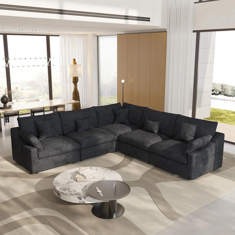 118.11 in. Slope Arm 6-Piece Deep Seat Down Linen Flexible Modular Sectional Sofa with Ottoman, Removable Cover in Black
