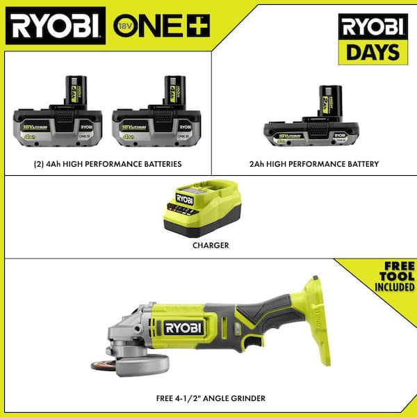 ONE+ 18V HIGH PERFORMANCE Kit w/ (2) 4.0 Ah Batteries, 2.0 Ah Battery, Charger, & FREE ONE+ Cordless 4-1/2"Angle Grinder