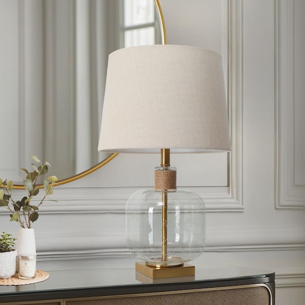 LNC Modern 24 in. Brass Seeded Glass Living Room Table Lamp Classic Metal Bedside Lamp with Hemp Rope Beige Fabric Shade