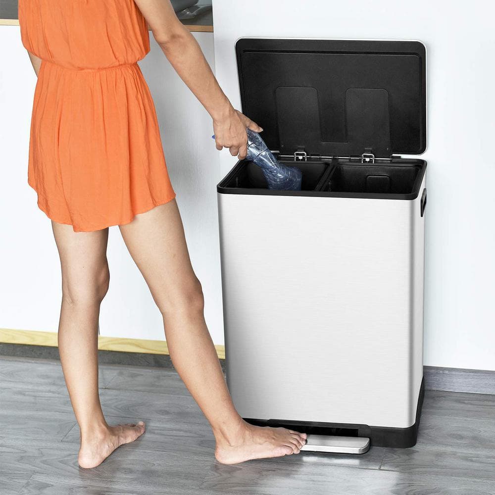 Stainless Steel Dual Compartment Step Trash Can with Soft Close Lid
