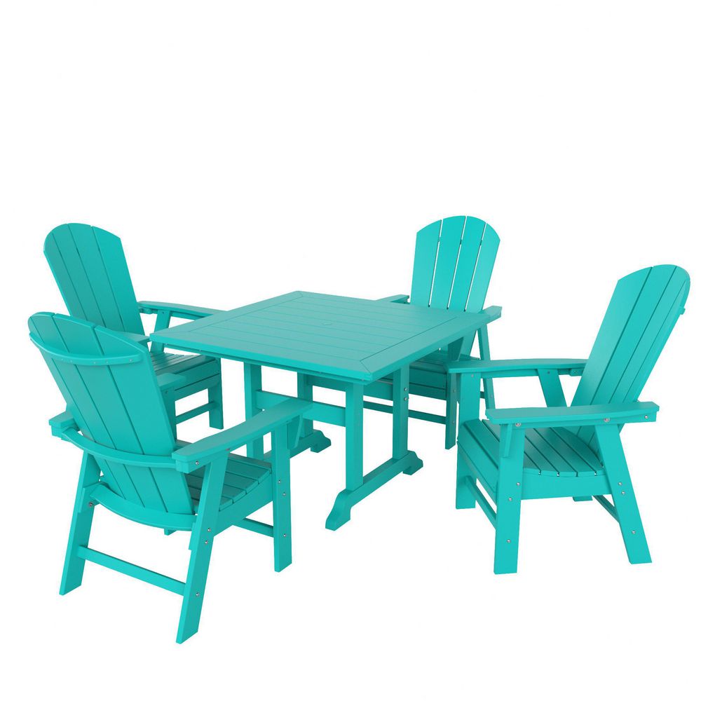 Laguna Outdoor Patio Adirondack Weather Resistant Turquoise 5-Piece HDPE Plastic Square Table Dining Set