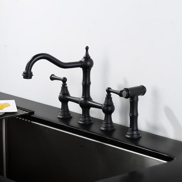 Double Handle Bridge Kitchen Sink Faucet with Side Sprayer in Black