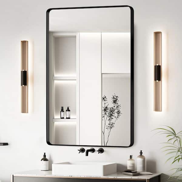 24 in. W x 30 in. H Rectangular Framed Wall Bathroom Vanity Mirror in Black