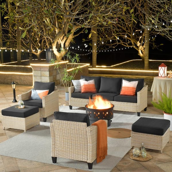 weaxty W Camelia A Beige 6-Piece Wicker Patio Wood Burning Fire Pit Seating Set with Black Cushions