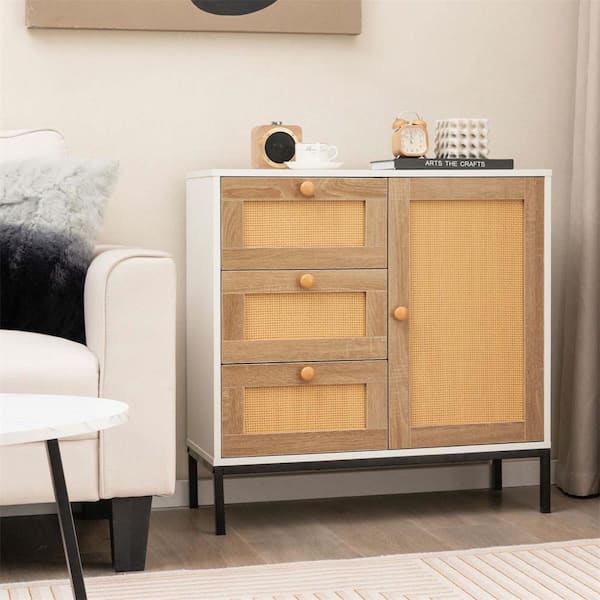 White Plus Natural Wood 31.5 in. Buffet Sideboard with 3-Drawers and 1-Door Sturdy Metal Legs Storage Cabinet