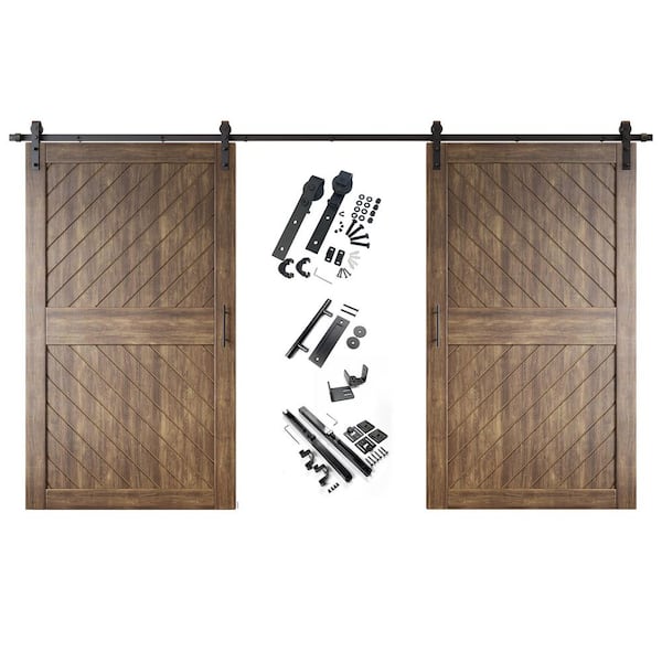 HOMACER XT3 42 in. x 84 in. C-Panel Dark Walnut Slanted Stripe Design Double Pine Wood Sliding Barn Door with Hardware Kit