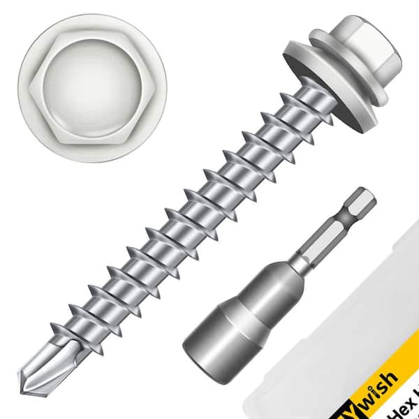 #10 x 1-1/2 in. White Galvanized Hex Head Self Drilling Metal Roofing Screws with EPDM Rubber Washer (100-Pack)
