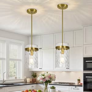 Jasslynn 2-Pack 5.11 in. Gold Modern Pendant Light with Water Rippled Glass Shade for Kitchen Dining Room Foyer
