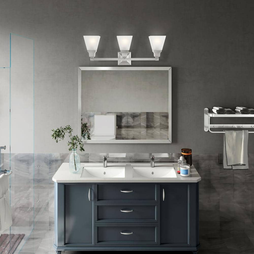 Brushed Nickel 3-Light Bathroom Vanity with Satin Glass Shades