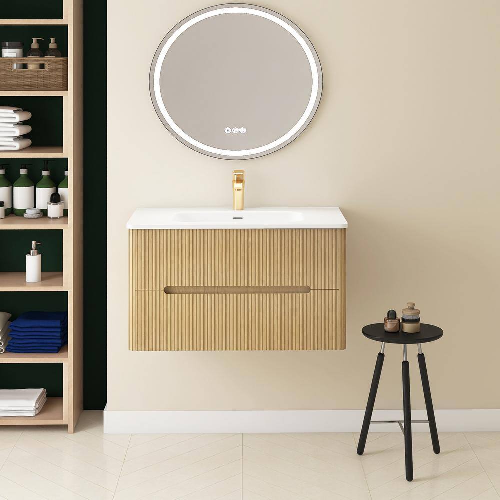 30 in. Wall-Mounted Light Oak Bath Vanity with White Ceramic Top Assembled