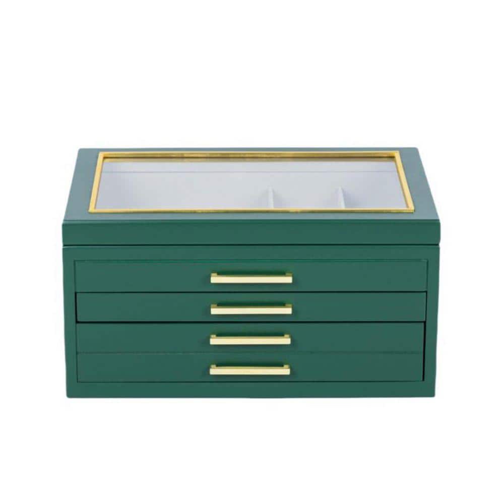Large Contemporary Lift Top 2 Drawer Jade Green Jewelry Box 5816