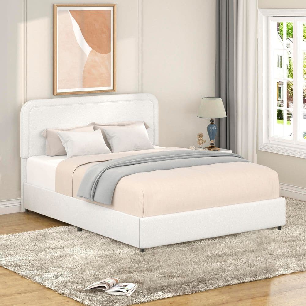 Seafuloy White Metal Upholstered Frame Queen Platform Bed with 2