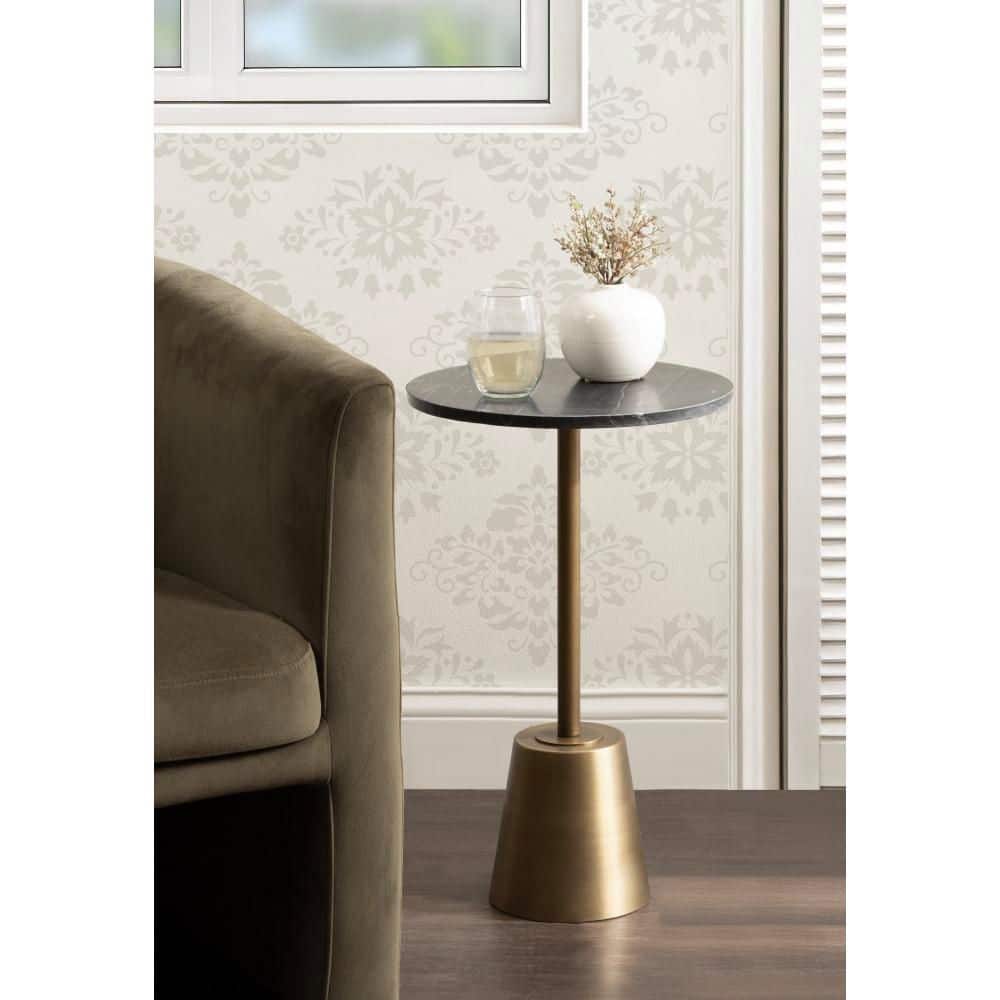 Tira 14 in. Black/Gold Round Marble End Table