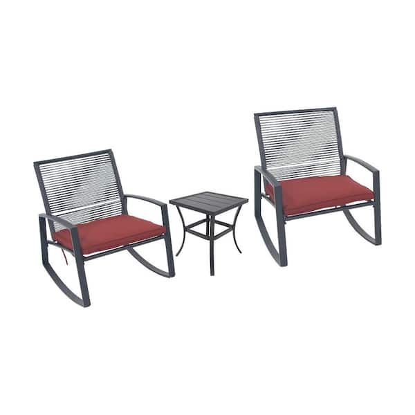 3-Piece Black Metal Outdoor Rocking Recliner with Red Cushions and Steel Side Table