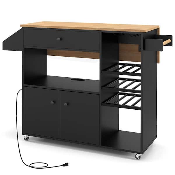 Gymax Black Wood Kitchen Cart with w/Drop-Leaf and Power Outlet Microwave Shelf Wine Rack Drawer