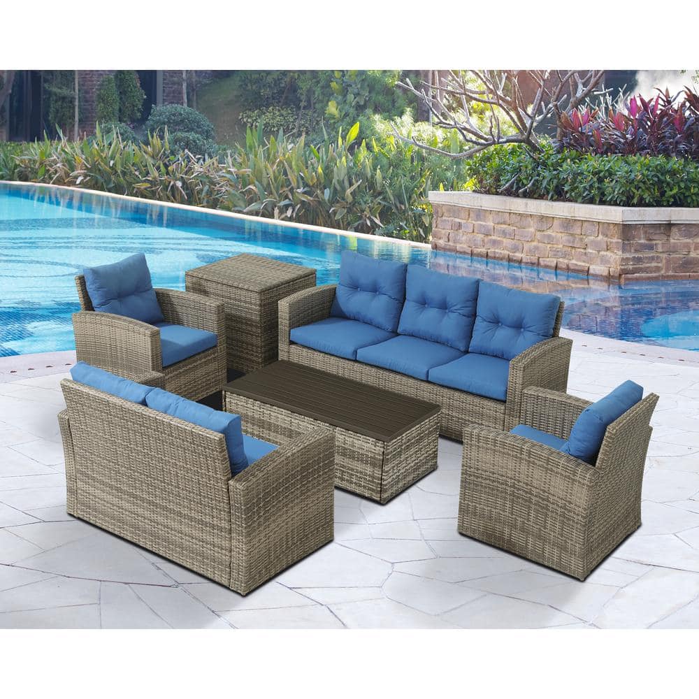 FESTIVITY 6Piece Wicker Rattan Patio Sofa Seating Group with Blue