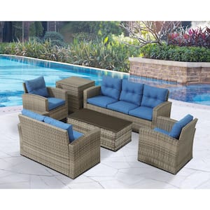 6-Piece Wicker Rattan Patio Sofa Seating Group with Blue Cushions