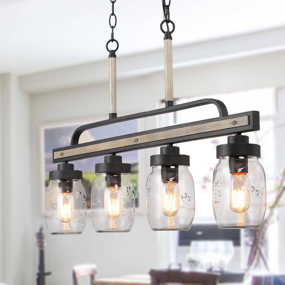 LNC Modern Farmhouse Greyish Black 4-Light Linear Chandelier with Faux Wood Accent Island Pendant with Mason Jar Glass Shade, image size:1000x1000