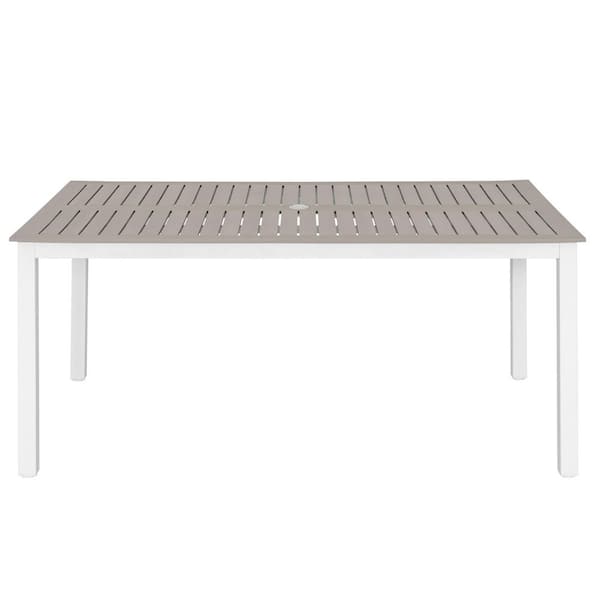Light Brown Rectangle Faux Outdoor Dining Table with Umbrella Hole and Wood Texture Tabletop