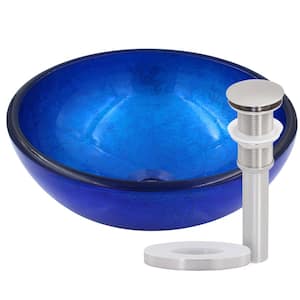 Mini Verdazzurro 12 in. Blue Foiled Glass Round Vessel Sink with Drain and Mounting Ring in Brushed Nickel