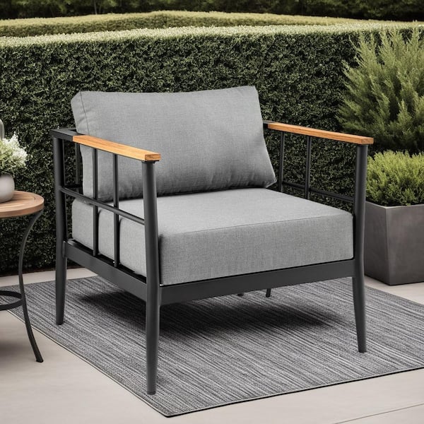 Armen Living Veyda Black Aluminum and Teak Wood Outdoor Lounge Chair with Dark Gray Cushion