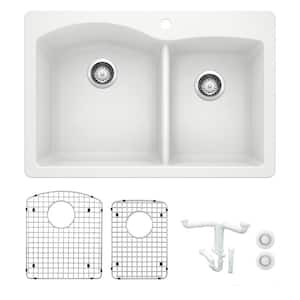 Diamond 33 in. Drop-in/Undermount Double Bowl White Granite Composite Kitchen Sink Kit with Accessories