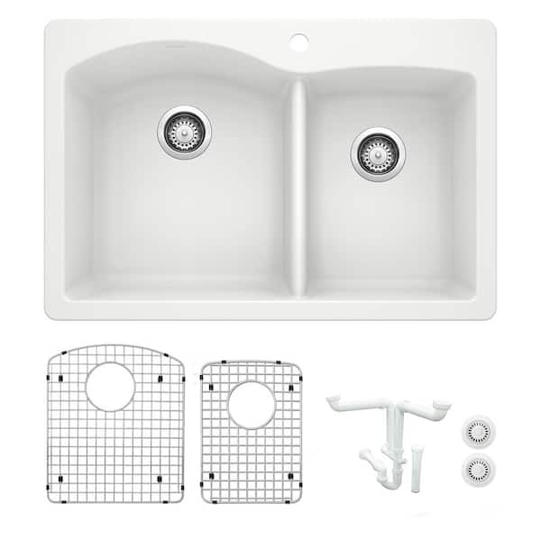 Blanco Diamond 33 in. Drop-in/Undermount Double Bowl White Granite Composite Kitchen Sink Kit with Accessories