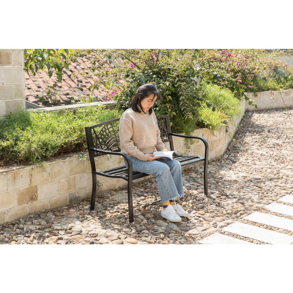 Black Steel Outdoor Patio Bench with Cast Iron American Flag Backrest