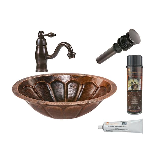 Premier Copper Products All-in-One Oval Sunburst Under Counter Hammered Copper Bathroom Sink in Oil Rubbed Bronze