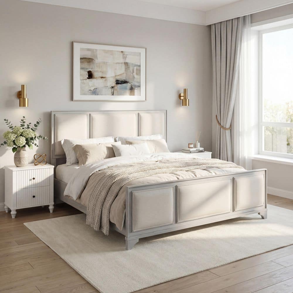 Hendrix White plus Beige Distressed Wood Frame Queen Size Platform Bed with Upholstered Headboard and Footboard price history on PriceWatchPro