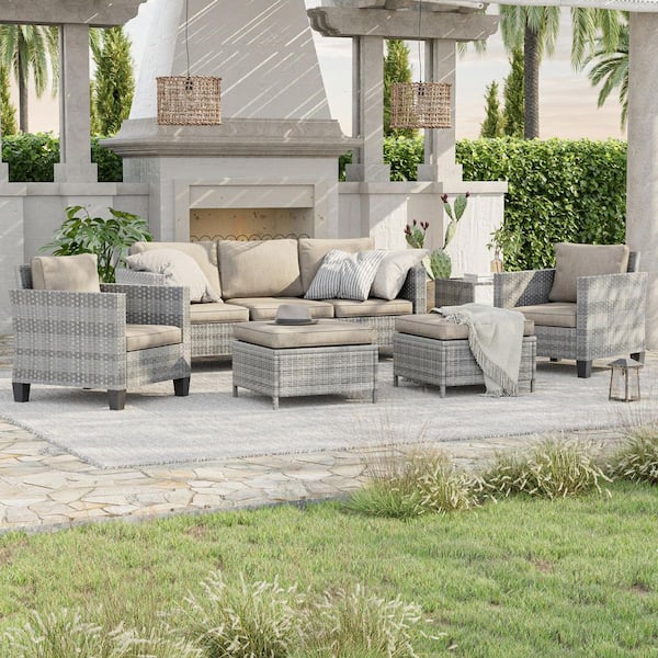 6-Piece Gray Wicker Outdoor Conversation Seating Sofa Set with Side Table, Linen Flax Beige Cushions