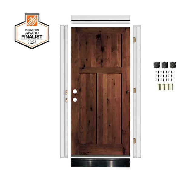 DIY RTA Kit 32 in. x 80 in. Knotty Alder 3-Panel Right-Hand/Inswing Red Mahogany Stain Wood Ready To Assemble Front Door