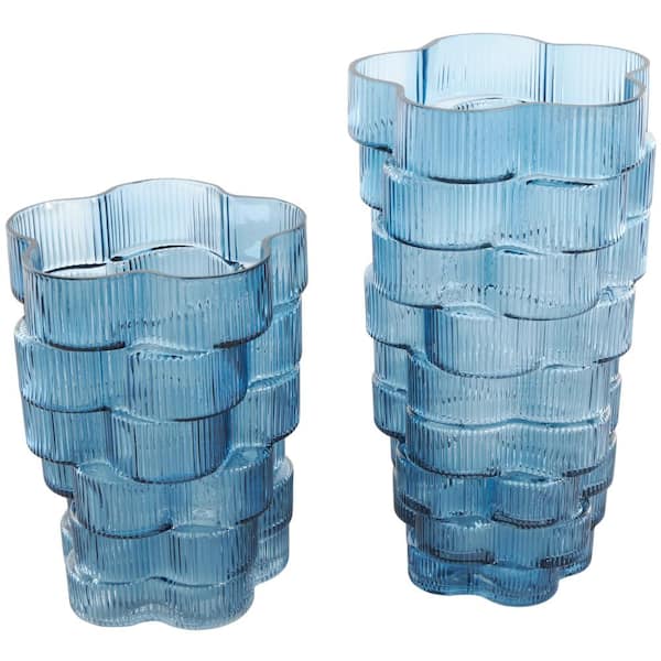 Litton Lane Blue Stacked Flower Shape Glass Decorative Vase (Set of 2)