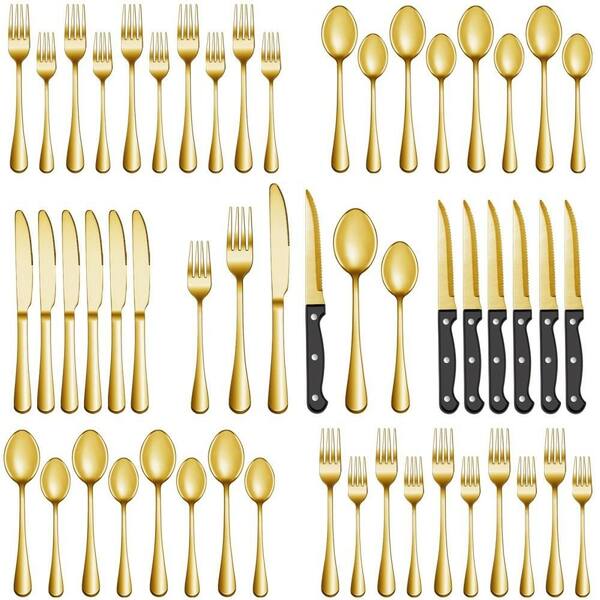 24-Piece Retro Stainless Steel Flatware Set, Gold Polished Tableware Utensil Set with Steak Knives for Home Dining Use