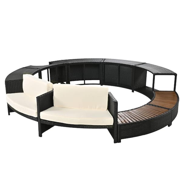 ITOPFOX Spa Surround Black Plastic Rattan Outdoor Patio Sofa Sectional Set with Beige Cushions and Storage Spaces