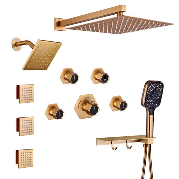 CASAINC 6-Spray 12 in. Wall Mount Dual Shower Heads and Handheld Shower Head with 2.5 GPM and Body Jets in Brushed Gold