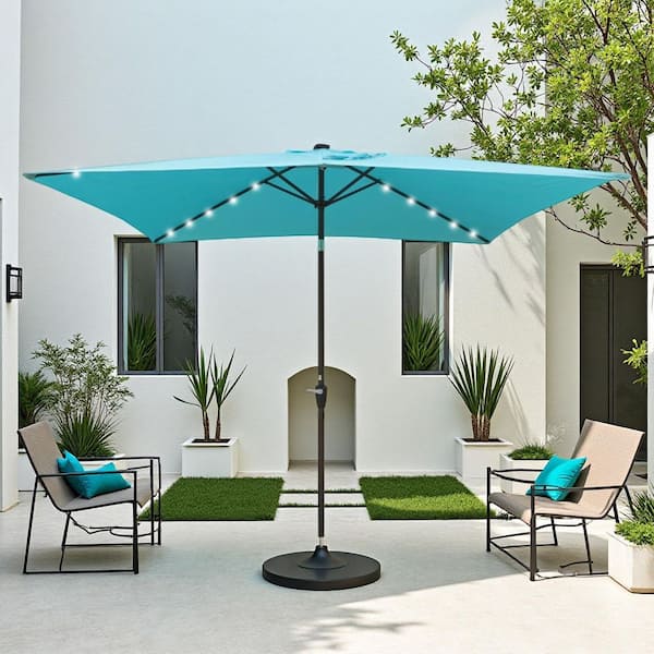 10 ft. x 6.5 ft. Rectangular Aluminum Market Solar LED Lights Push Button Tilt Patio Umbrella in Light Blue